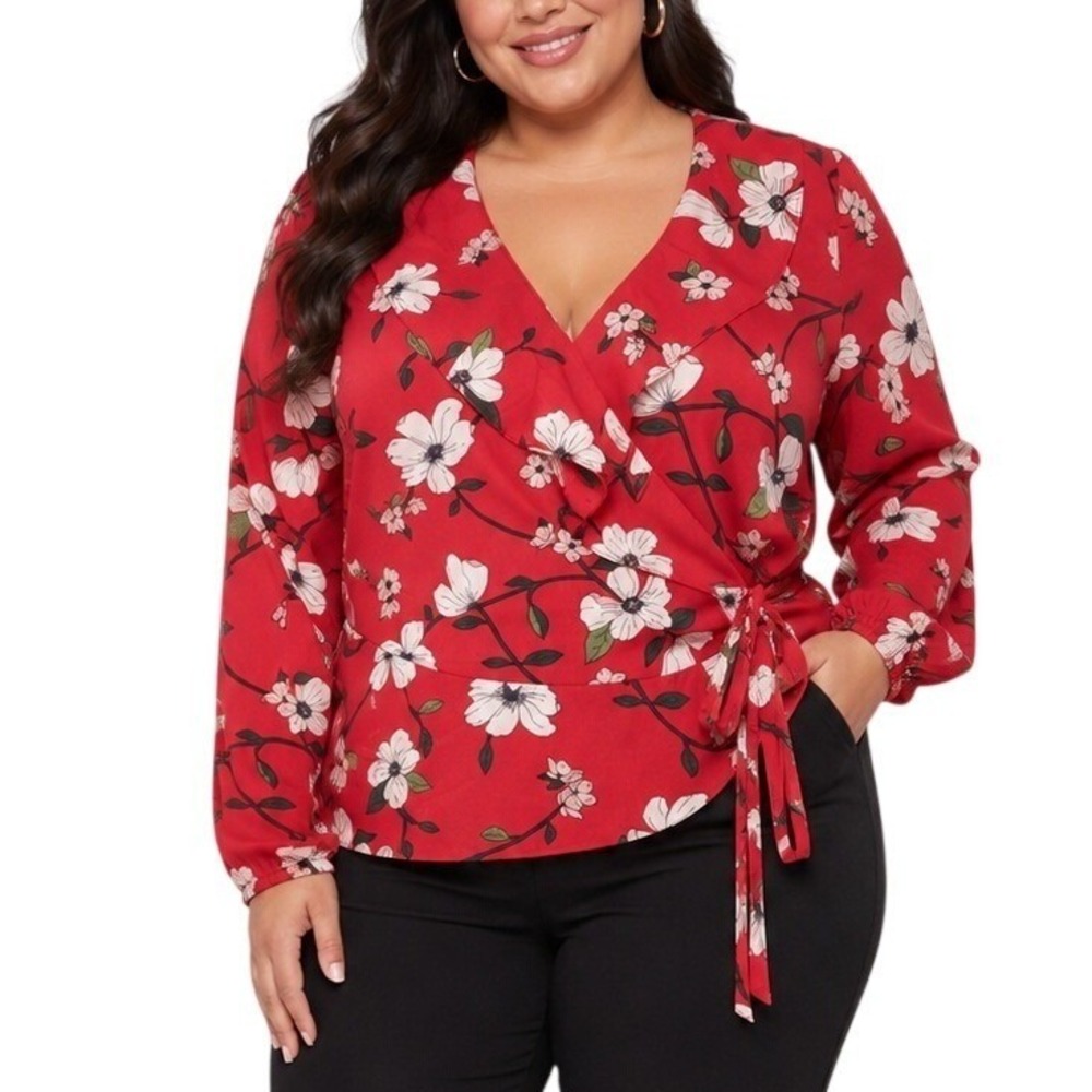 Lydelle Red Floral Wrap Blouse XXL Ruffle V-Neck Long Sleeve Tie Waist Top